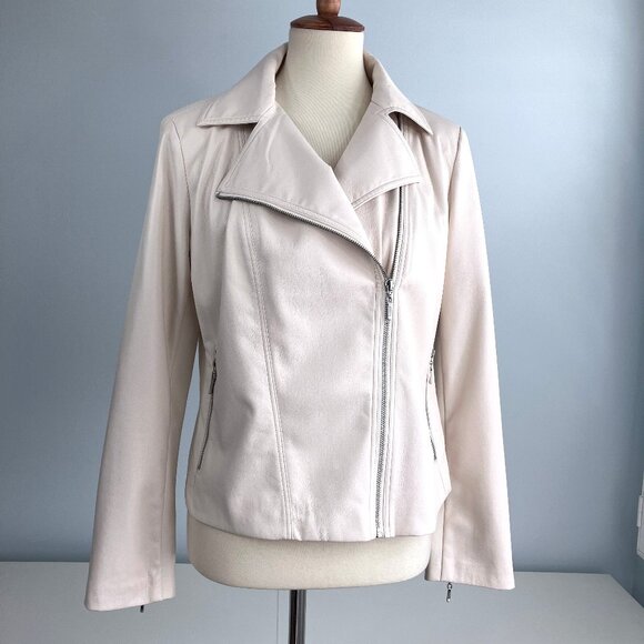 Chico's Cream Faux Leather Moto Jacket 1 6 8 10 Medium Biker Vegan - Picture 4 of 13